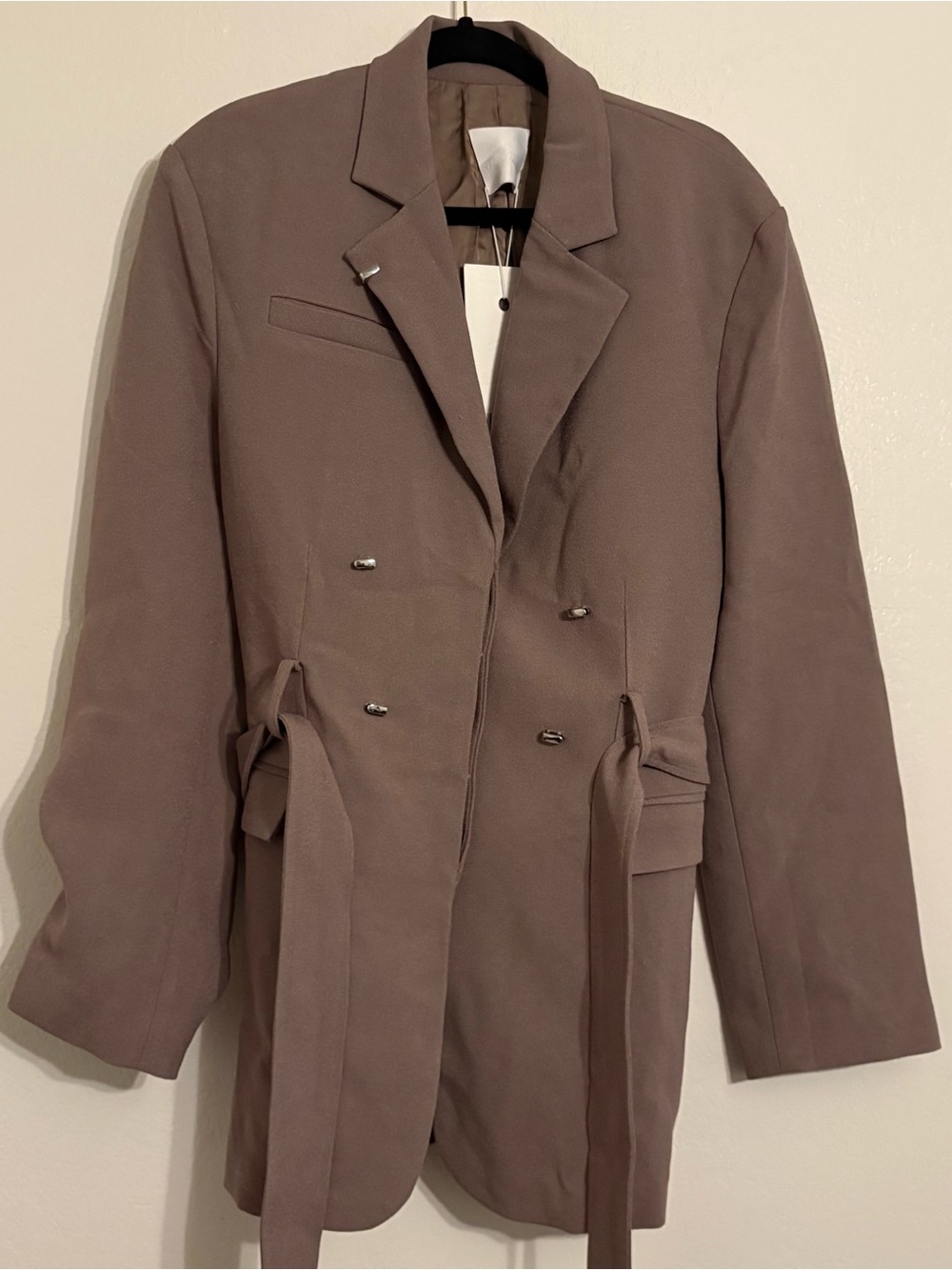 Paris Georgia Women’s Taupe Double-Breasted Belted Blazer Jacket